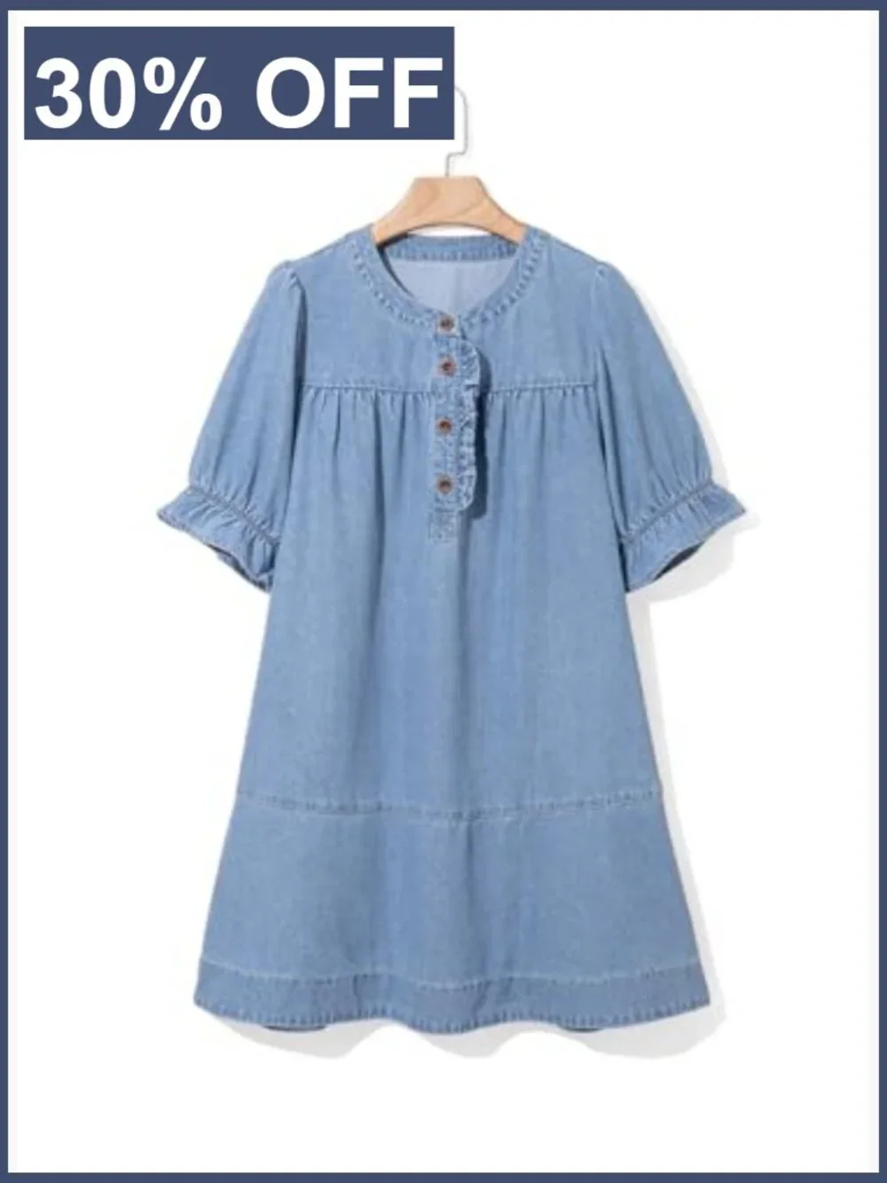 Denim Babydoll Dress with Short Sleeves and Button Front - Picture 4 of 7